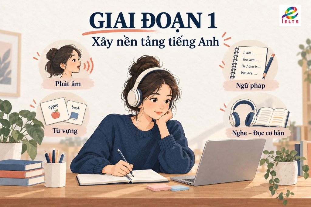 Xây nền tảng tiếng Anh cho người mới học IELTS qua phát âm, từ vựng, ngữ pháp và luyện nghe – đọc cơ bản.