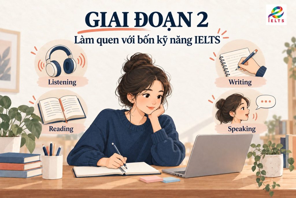 Giai đoạn 2 trong lộ trình học IELTS từ 0 lên 6.5: làm quen với Listening, Reading, Writing và Speaking.