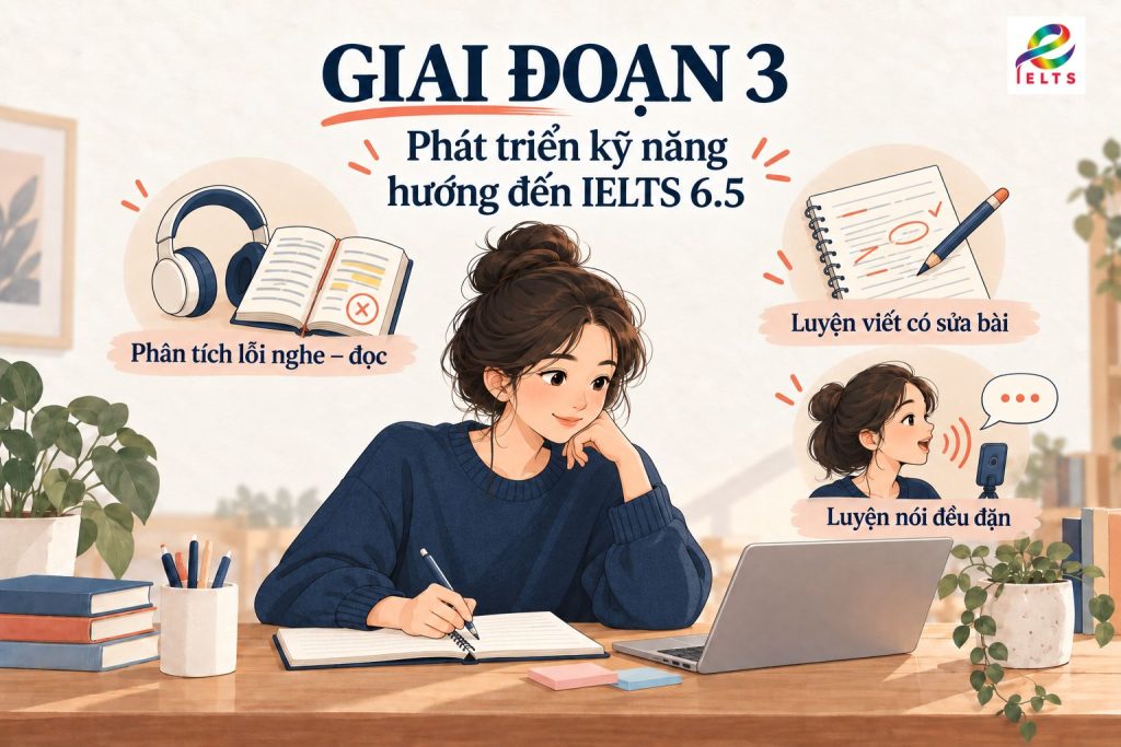 Giai đoạn 3 hướng đến IELTS 6.5: phân tích lỗi nghe – đọc, luyện viết có sửa bài và luyện nói đều đặn.