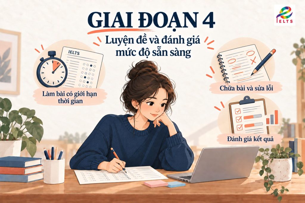 Giai đoạn 4 trong lộ trình học IELTS: luyện đề có giới hạn thời gian, chữa bài và đánh giá mức độ sẵn sàng trước khi thi.